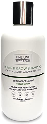 99% Natürlich SHAMPOO - REPARIEREN UND WACHSEN - ALOE VERA, RIZIN, ARGAN & ROSMARIN - 250 ml von Fine Line Apothecary. Keine Sulfate, Keine Parabene. Konzentriert. pH 5,5 für Empfindliche Haut.