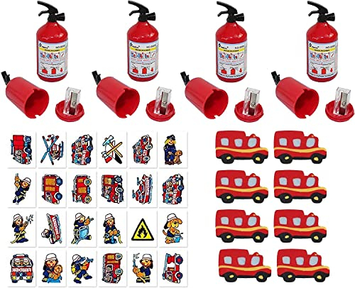KSS Mega 24 Teiliges Feuerwehr Set Anspitzer, Radiergummi, Tattoos Alles im Feuerwehr Design, Kindergeburtstag als Mitgebsel, Mitbringsel, Tombola, Verlosung