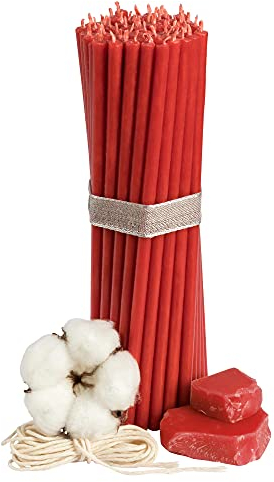 Diveevo Kirchliche Bienenwachskerzen №80-50 Stk. I hochwertige Ritualkerzen L-18,5 cm Ø-6,1 mm I 60 Min Brenndauer in Rot I 250 g dünne Kerzen tropf- & rauchfrei