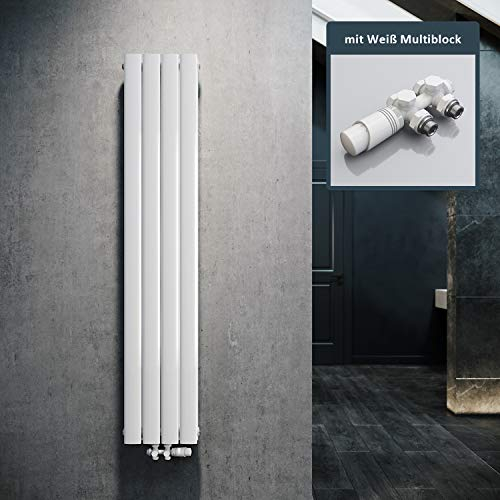 ELEGANT Design Heizkörper Flach 1600x308mm mit Weiß Multiblock Thermostat Flachheizkörper Weiß Doppellagig Vertikal Heizkörper Mittelanschluss