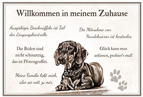 ZAUBERBILD Hundeschild Warnung | Dackel 'Willkommen in meinem Zuhause' | Türschild Warnschild Vorsicht Hund | 25x17cm Alu