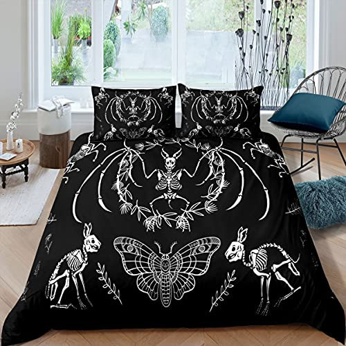 Loussiesd Bettbezug mit Totenkopf, Fledermaus, Skelett, Bohemian, Gothic, Totenkopf, für Kinder, Jungen, Mädchen, Erwachsene, Halloween und Bettwäsche, ultraweich, Einzelbett, inkl