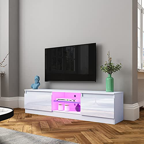 TV Stand Cabinet Modern White Gloss TV Stand Unit with LED Lights 160CM, 2 Doors, 2 Open Shelves LED TV Cabinet for Bedroom Living Room Home Furniture