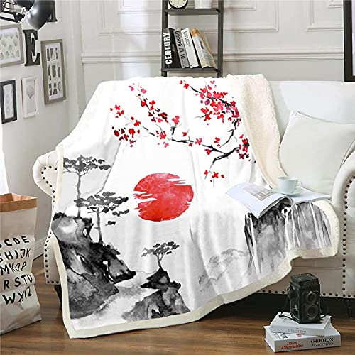 Loussiesd Japanische Ukiyoe Decke 150x200cm Kirschblüten Rote Sonne Kuscheldecke für Kinder Jungen Mädchen Tinte Japanischen Stil Wohndecke Exotischer Stil Dekor Flanell Fleecedecke