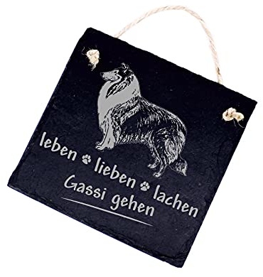 Schiefertafel Collie Leben, Lieben, Lachen - Gassi gehen - 11 x 11 cm