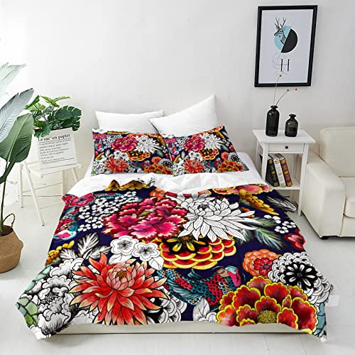 ANHOPE Florale Fisch Karpfen Bettwäsche Set 3 Teilig Weich Bettbezug 200x200 cm + 2 Kissenbezug 50x70 cm Microfaser Bettbezüge Set mit Reißverschluss Bettdeckenbezug für Kinder Mädchen