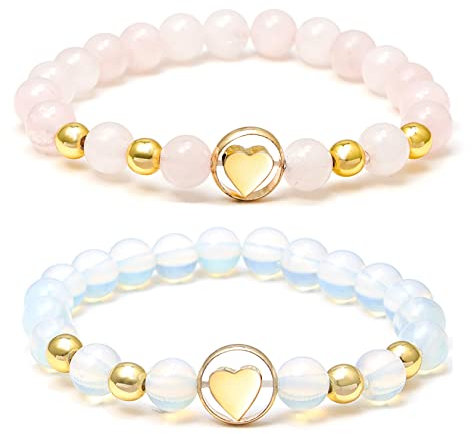 MILAKOO Opale Rose Quartz Bracelet Femme Pierre Naturelle Bracelets Ensemble Femmes Pierres Précieuses Bracelets 2 Pcs Coeur Bracelet