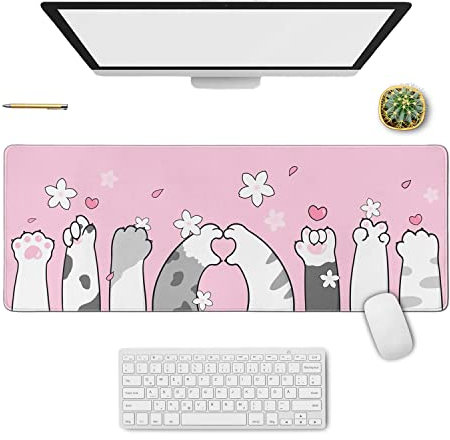 Tapis de souris de jeu patte de chat – Grand dessin animé Kawaii en fleur de cerisier, rose XL, décoration Sakura, 80 x 30 cm