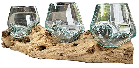 Darthome Triple 12cm Molten Glass Bowl with Tree Root Stand Hand Blown Wood Decoration