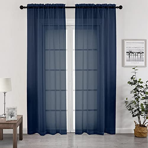 Chyhomenyc Sheer Curtains Extra Long 96 inch 2 PCS- Casual Style Airy & Breathable with Amount Light Sheer Panels for Patio/Glass Door (1 Pair Set=Total 84 inches Wide, Each W42 x L96, Navy Blue)