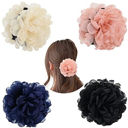 Cinaci 4 Pack Decorative Large Tulle Gauze Ruffle Rose Flower Plastic Hair Claws Clips Big Fabric Floral Hair Bow Jaw Barrettes Clamps Bun Updo Holders Fancy Hair Accessories for Women Girls
