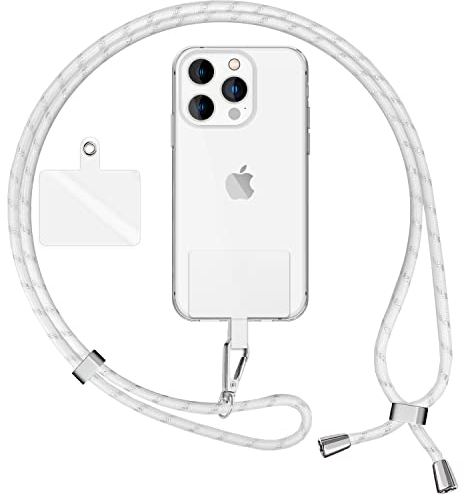 NALIA Cordino per Cellulare con Patch, Universale Catena per Custodia Telefono 160 CM, Laccio Portachiavi Colorato, Cordino da Collo con Ciondolo con Gancio in Metallo, Colore:Bianco Argento