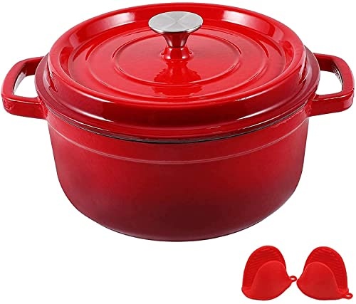 Keramik-Kochtopf, Auflaufform mit Deckel, 24 cm, emaillierter Gusseisen-Feuertopf, natürliches Antihaft-Emaille-Kochgeschirr zum Kochen und Backen, vorgewürzter Topf mit Silikon-Handschuhen