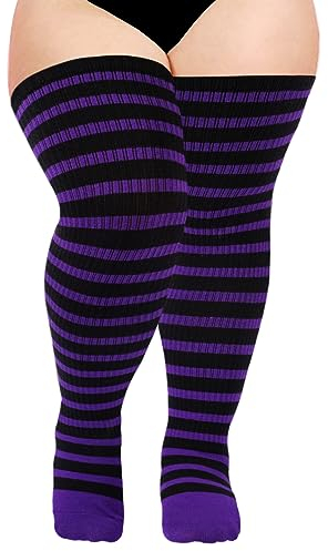 Moon Wood Oberschenkelhohe Socken für Damen, gestrickt, Baumwolle, extra lang, Halloween, Overknee-Socken, Beinstulpen, schwarz und violett, Einheitsgröße