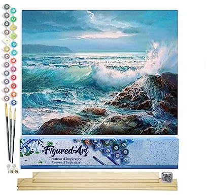 Figured'Art Peinture par Numéro Adulte Les Vagues - Activité Manuelle Kit de Loisir Créatif DIY Numéro d'Art Complet - 40x50cm avec châssis en bois à monter