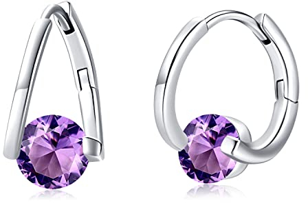 Februar Ohrringe 925 Sterling Silber Amethyst Creolen Ohrringe Huggie Ohrringe für Damen Mädchen Schmuck Geschenk für Geburtstag