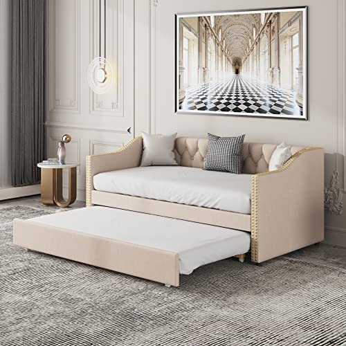 HAINEW Tagesbett Ausziehbar 90×200cm, Bettsofa, Schlafsofa, Schlafcouch, Gästebett, Polsterbett Kinderbett Leinenstoff Jugendbett (Beige - europäisch)