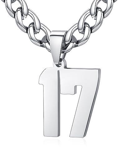XIRUVE Herren Damen Edelstahl 0-99 Zahl Anhänger Glückszahl Jersey Nummer Sportler Halskette Personalisierte mit 6mm breite Panzerkette 17