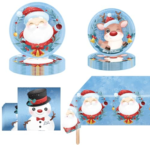 POPOYU 69 Pièces Vaisselle Assiette en Papier de Noël,Serviettes,Gobelets en papier,Assiettes à dessert,Nappe,Vaisselle de Noël de Party Set pour Décorations de fêtes Joyeux Noël(16 Invités)