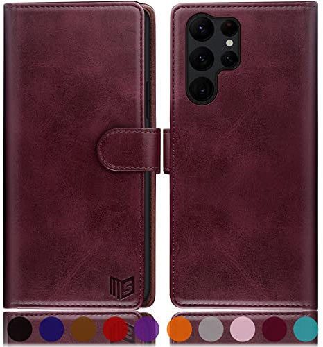 SUANPOT [RFID Schutz für Samsung Galaxy S24 Ultra Hülle PU Leder Handyhülle Lederhülle Klapphülle Kartenfach Flip Cover für Samsung S24 Ultra Handy hülle Leather Wallet Phone Case Rotwein