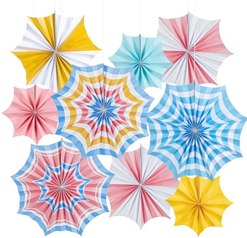 SUNBEAUTY 9 Stück Sommer Deko Blau Rosa Gelb Sonnenschirm am Strand Papier Fächer für Beach Strand Hawaii Party Dekoration