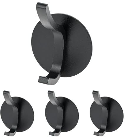 bowarepro 4Pcs Self Adhesive Coat Hook, Stick On Wall Hooks Bathroom Hand Towel Robe Clothes Coat Wall Hanging Hooks, Door Hanger Tea Towel Racks for Bag Robes Purses (Black)