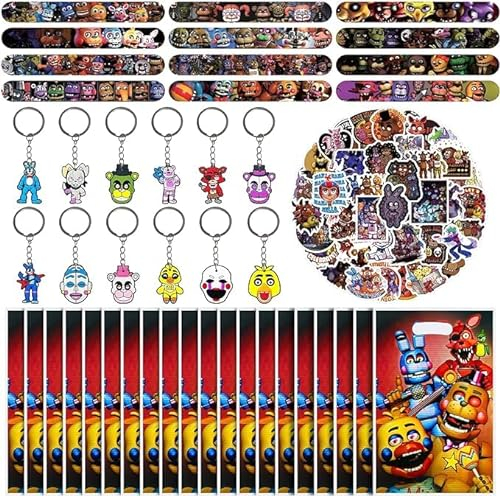 Gxhong FNAF Party Mitgebsel Set, Five Ni-ghts at Fre-ddy's Mitgebsel Geburtstag, 12 Slap Armbänder, 12 Schlüsselanhänger, 20 Plastiktüten, 50 Aufkleber, Party Geschenke für Jungen und Mädchen