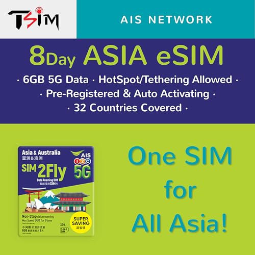TSIM Asien & Australien eSIM Karte | 8 Tage 6GB | Jetzt mit 5G Netzwerk | Automatische Aktivierung | Australien, Bali, Kambodscha, China, Hongkong, Indonesien, Japan, Malaysia, Singapur, Südkorea,