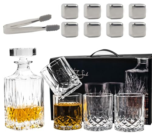 Whisky Decanter and Glasses Set, Whiskey Decanter Gift Set,Whisky Crystal Decanter,Classic Whiskey Decanter,Whiskey Gift Sets for Men,Incl 8 Whiskey Stones, 1 Pliers,4 Whisky Glasses