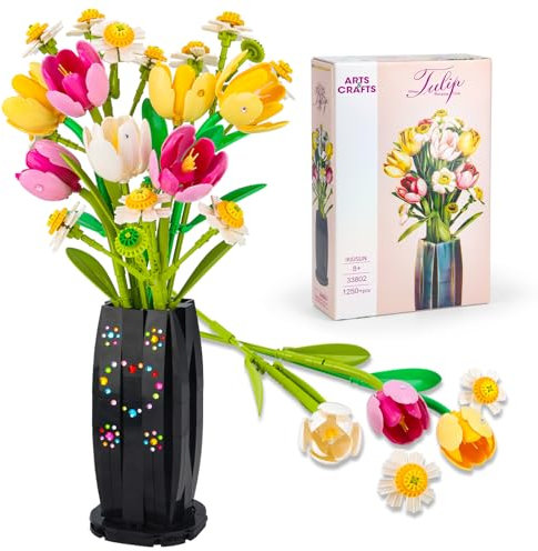 Blumen Bausteine Bausatz, 1250pcs DIY Pflanze Blumenstrauß Dekoration, Tulpen Bausteine Blumen Set mit Vase für Mädchen Frauen Erwachsene 6+, Idee Geschenke für Valentinstag Geburtstage Muttertag