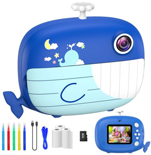 Camara Fotos Infantil Instantanea, Ushining 2,4 HD 1080P Cámara Instantánea para Niños con Tarjeta TF de 32G, Papel de Impresión y Bolígrafos de Colores, 20MP Camara Fotos Infantil de Juguete, Azul
