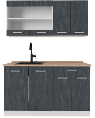 Vicco Küchenzeile R-Line, Schwarz Beton, 140 cm | 4 Module · Höhenverstellbare Füße · Arbeitsplatte Eiche · Robuste Fronten · Mit Glasschrank · Frei kombinierbar