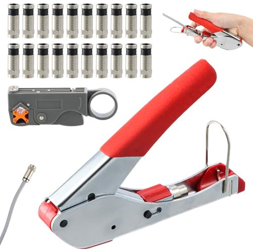 Focenat Crimpzange Abisolierwerkzeug,Kompressionszange Set mit 20 stück Kompression F-Stecker,RG6 Crimpzange Stecker Werkzeug,Automatische Abisolierzange,für Koaxialkabel und Datenkabel