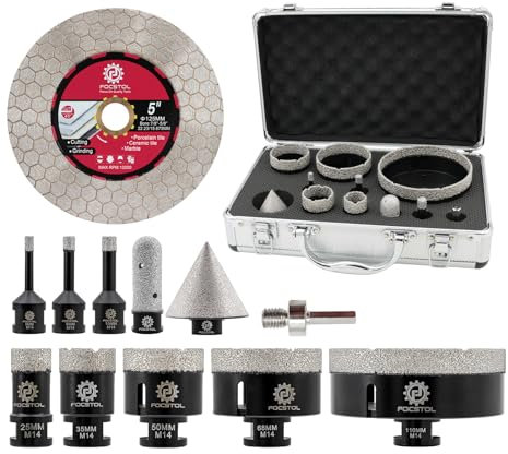 FOCSTOL Punte Diamantate Gres Porcellanato - Punte Trapano Diamantate per Piastrelle Ceramica Marmo Graint 12 pezzi (6/8/10/25/35/50/68/110mm+50mm Punte per Smusso+20mm Fresa+Adattatore+125mm Disco)