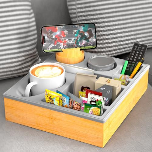 Couchbar Snackbox Silikon sofatablett mit 360 Grad Drehbar Handyhalter beistelltisch mit Holz Sofatablett für Sofa, Kino Deko, Couch Organizer Bar mit Getränkehalter - Snackbox mit Fächern（Grau）