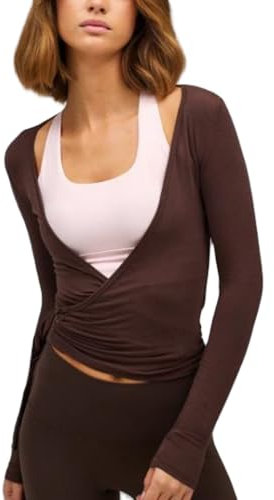 Geagodelia Long Sleeve Wrap Over Tops for Women Front Tie Slim Fitted Deep V-Neck Cross Wrap Around Tops Workout Pilates Ballet Yoga Gym Sports Top (Brown, L)
