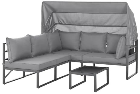 SVITA Maui Gartenmöbel-Lounge-Set mit Dach Outdoor-Sofa Strandkorb-Sonneninsel Stahl Hellgrau