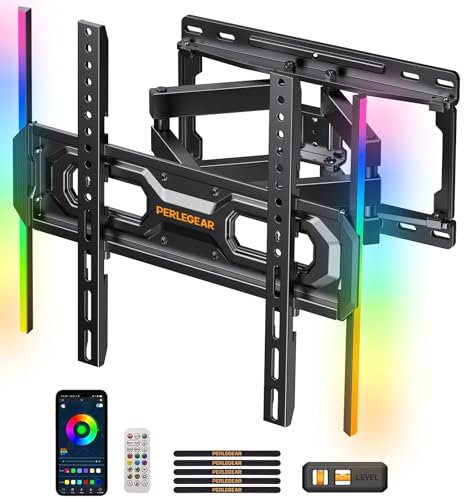 Perlegear Pre-Assembled TV Wall Mount with LED Lights for 26-65 inch TVs up to 45kg, Max VESA 400x400mm, Swivel, Extension, Tilt, TV Backlights with Music Sync, PGMF20