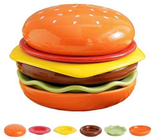 Set di piatti per hamburger, 6 piatti e ciotole in ceramica a forma di hamburger, mini piatti per sushi, bella stoviglieria impilabile da regalare per feste o casa