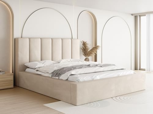 Polsterbett 200x200 mit Bettkasten und Lattenrost – Bett mit hohem Kopfteil, Boucle oder Samt Stoff Weiß, Ecru – Modernes Doppelbett mit Stauraum – Bettgestell, ohne Matratze – Amira – Creme