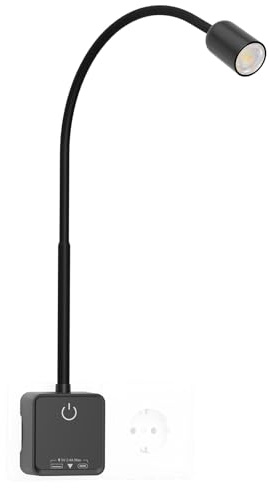 PRINCEWAY Luz de Lectura LED Regulable, Lámpara Aplique de Mesita de Noche de Pared LED Negra con Enchufe para Dormitorio, 3 Modos de Color Iluminación, Ángulo Luz Foco 50°, Puertos de Salida USB