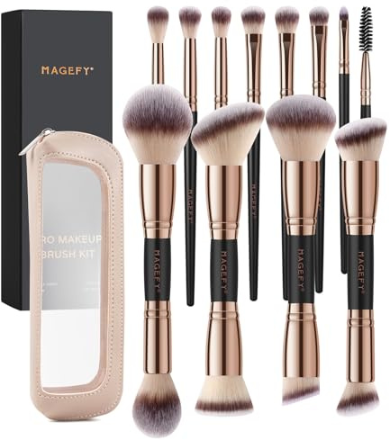 MAGEFY Make Up Pinsel Set, 12 Schminkpinsel 18-in-12 Duo-End Pinsel Foundation Puder Lidschatten Professionelle Pinselset Makeup mit Etui, Schwarz Gold