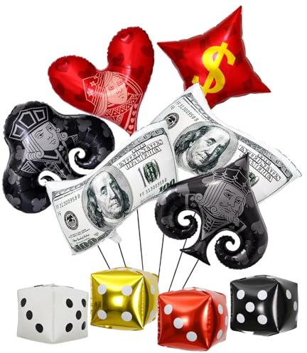 10 x Casino-Geburtstagsparty-Dekoration, Poker-Ballons, Dollarschein-Ballon, Las Vegas, Poker-Nacht-Partyzubehör, würfelförmige Ballons für Casino-Nacht-Dekoration