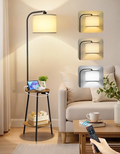 OUTONLIFE Stehlampe mit Tisch & Regal, Dimmbar LED mit Fernbedienung, 3 Farbtemperaturen, Beistelltisch mit USB-Ladefunktion für Wohnzimmer Schlafzimmer Büro (Rustikal Braun Rund)