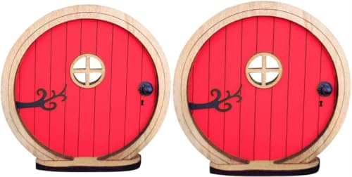 Yjemle 2 rote Feengartentür für Baum, Türen für Bäume im Freien und Baumstamm, Mini-Feengartenskulptur, Rasen-Ornament, Dekoration, Märchen-Türe, Mini-Geschenk, Märchen-Türdekoration