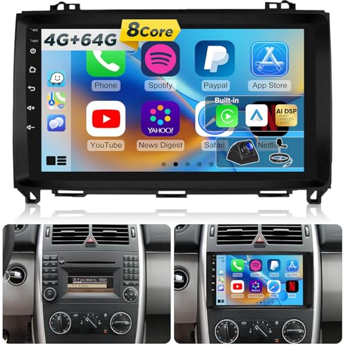 NHOPEEW 4+64G Radio de Coche para Mercedes Benz A/B/V Class W169 B200 W639 Vito Viano Sprinter - Radio de 9 Pulgadas con Inalámbrico Carplay y Android Auto DSP Pantalla Dividida + Cámara de Reversa