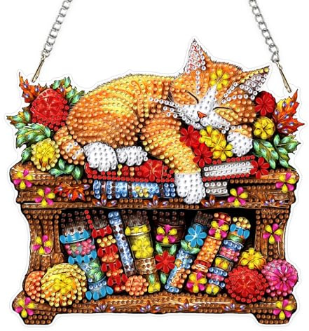 KEYIFA 5D Katze im Bücherregal Diamond Painting Fensterbilder Erwachsene, DIY Diamond Painting Beidseitig Anhänger, Hängende Art Window Pictures Kit für Wohndeko Gift 20x20cm
