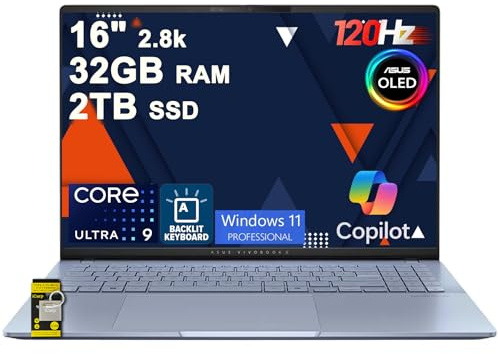ASUS Vivobook S16 AI PC Laptop 16 pollici 2.8k OLED 120Hz (600nits HDR, 100% DCI-P3) Intel 16-core Ultra 9 285H 32GB DDR5 2TB SSD Retroilluminato Per Creator Business Lavoro Professionale Win11Pro ICP