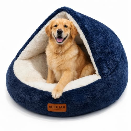 AL TAJAR Luxury Hooded Dog Cave Bed with Hooded Support – Soft Fluffy Calming Anti-Anxiety Donut Cuddler, Cozy Pet Nest, Washable Dog & Cat Bed with Non-Slip Base