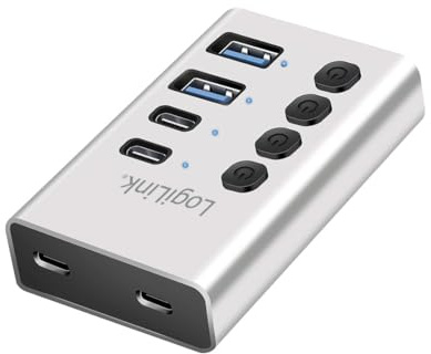 LogiLink UA0446 - USB 3.2 Gen1 Hub mit 4-Ports und Kabel/Adapter, USB Typ A und USB Typ C, EIN-/Ausschalter, Aluminium